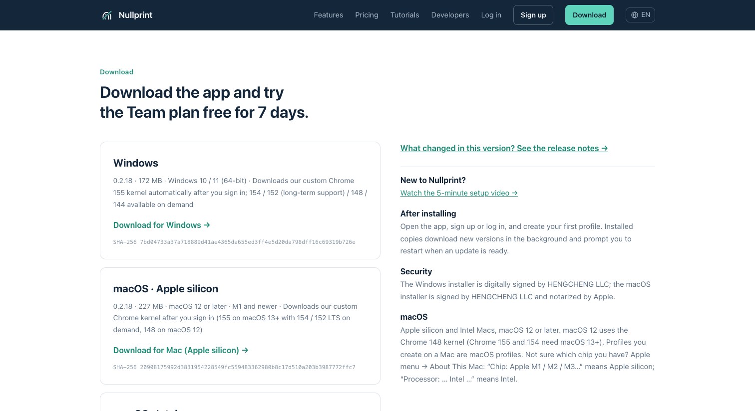 Download section on nullprint.ai