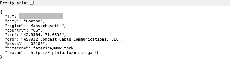 在 Nullprint 身份里打开 ipinfo.io：出口是美国波士顿的 Comcast 住宅 IP，时区 America/New_York