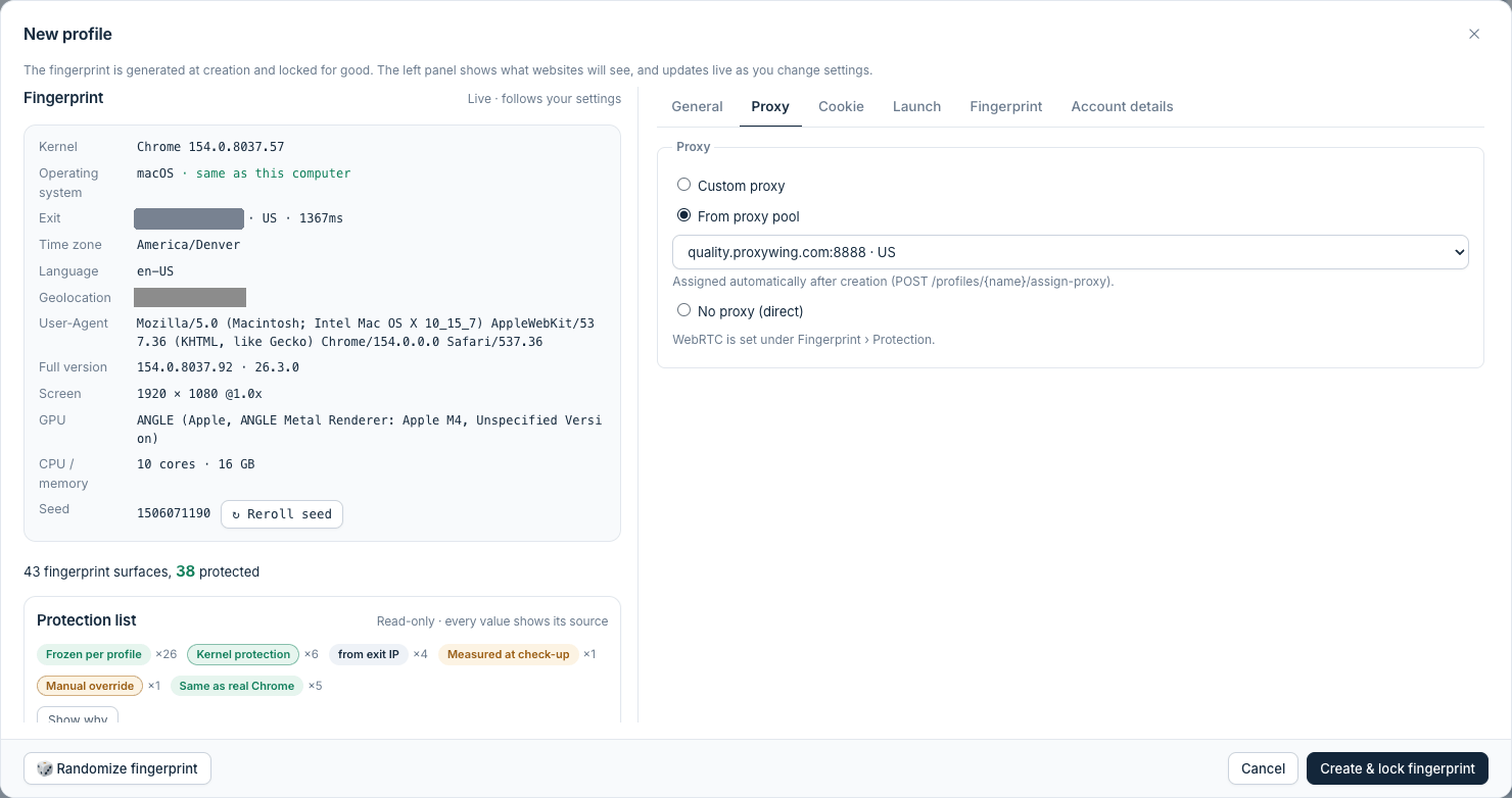 Nullprint 新建身份窗口：从代理池选了 ProxyWing 代理，左侧指纹面板显示探测到的美国出口、时区 America/Denver、语言 en-US 和地理位置；出口 IP 已打码（英文界面）